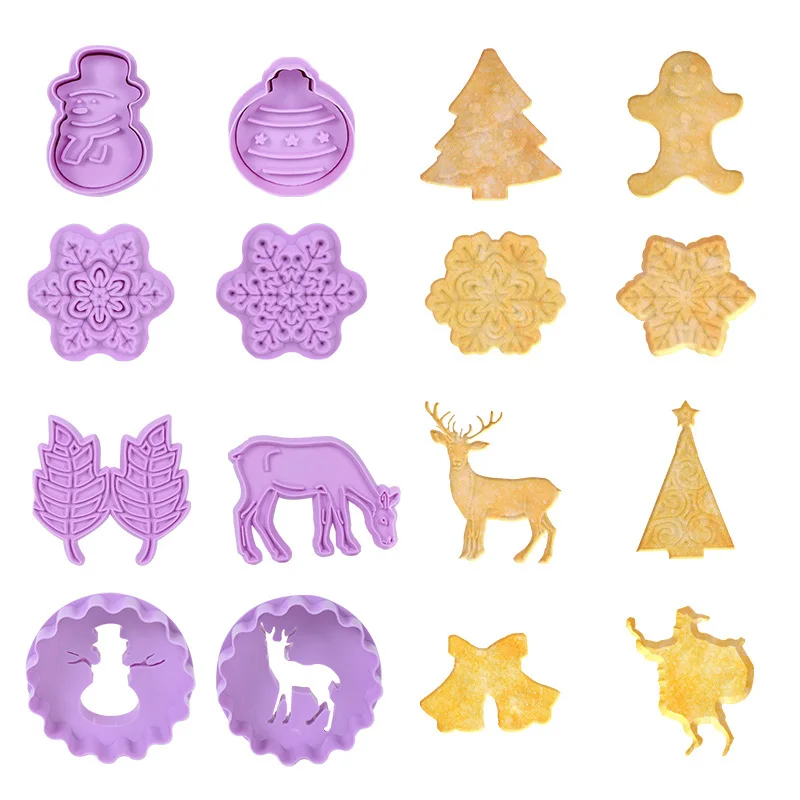 

4pcs Stamp Biscuit Mold 3D Cookie Plunger Cutter Pastry Decorating DIY Food Fondant Baking Mould Tool Snowflake Tree Snowman Elk
