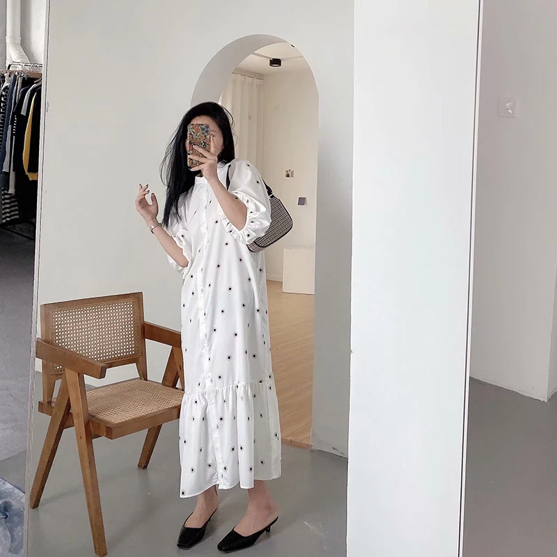Женское свободное белое платье с принтом Повседневное средней длины круглым