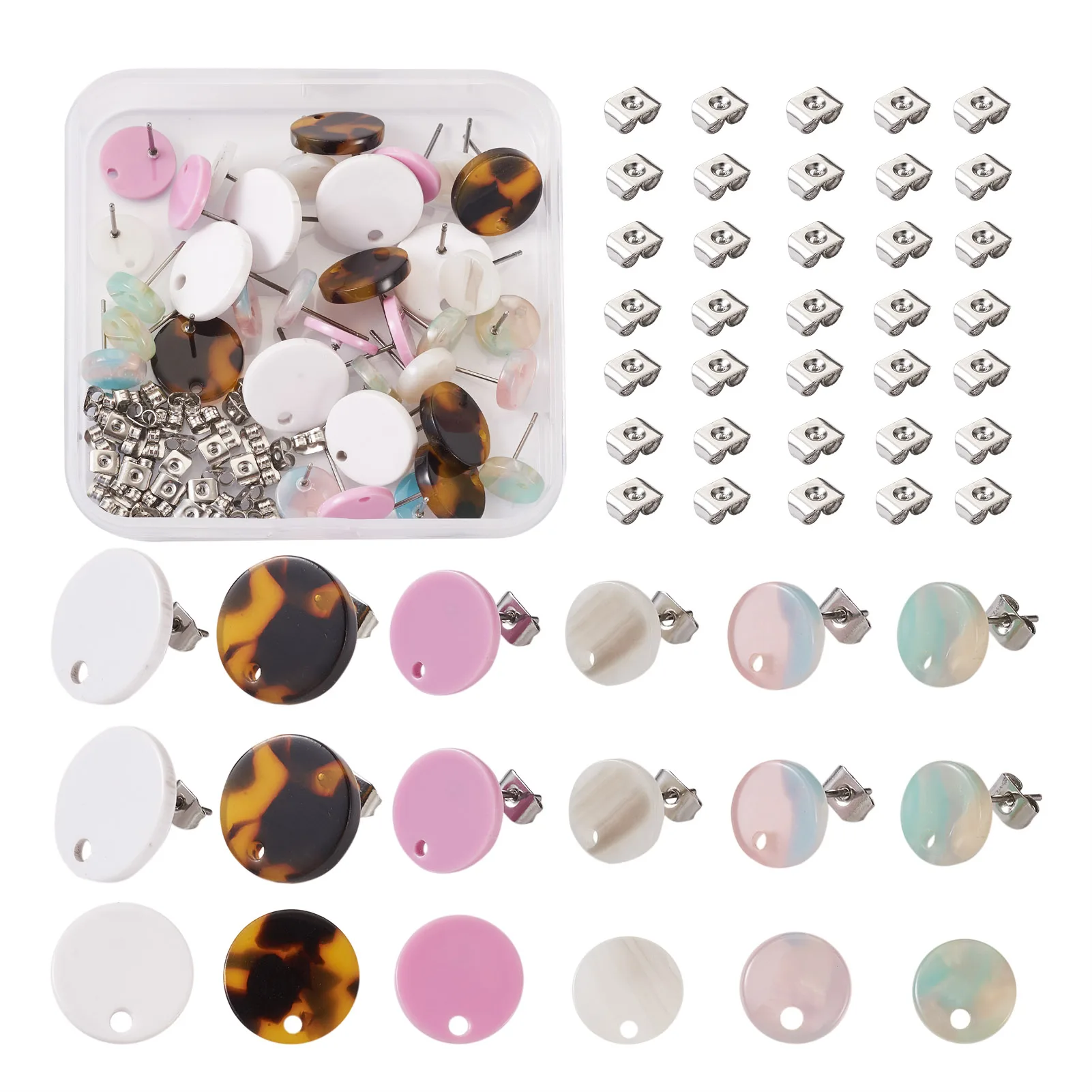 

36Pcs Mixed Color Resin Ear Stud Findings Cellulose Acetate Flat Round Stud Pins for DIY Earrings Jewelry Making Supplies
