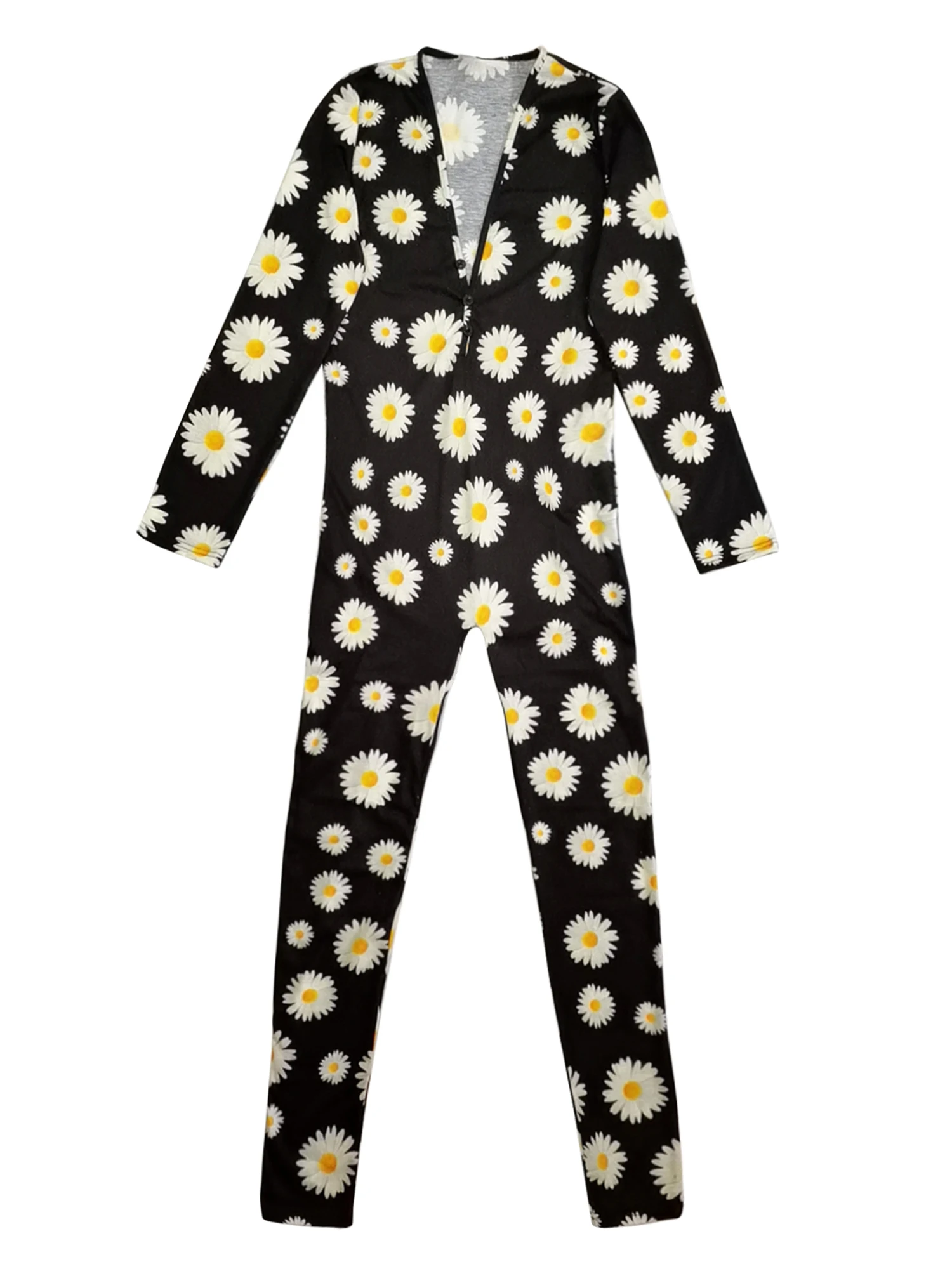 

Women's Tight High Waist Jumpsuit, Casual Pattern Printing Button Romper, Long Sleeve Long Pants Home Clothing