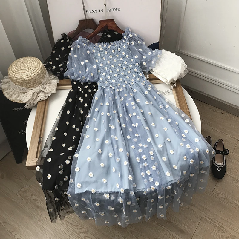 

Fairy Chic Gentle Wind Dress Female Style Sweet Daisy Printed Mesh Long Floral Dress Female