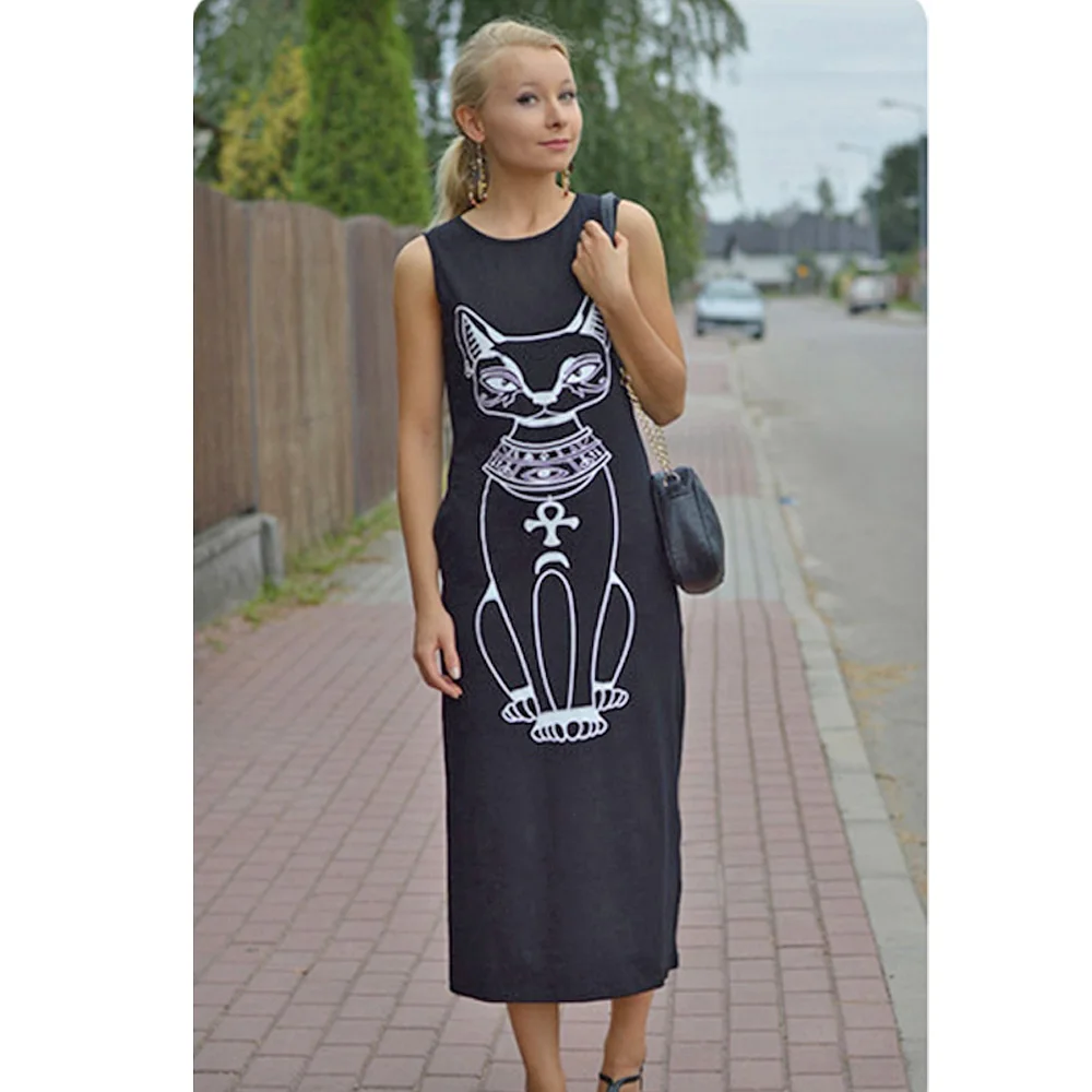 Без рукавов миди платье для женщин с рисунком кота принт животными изображение
