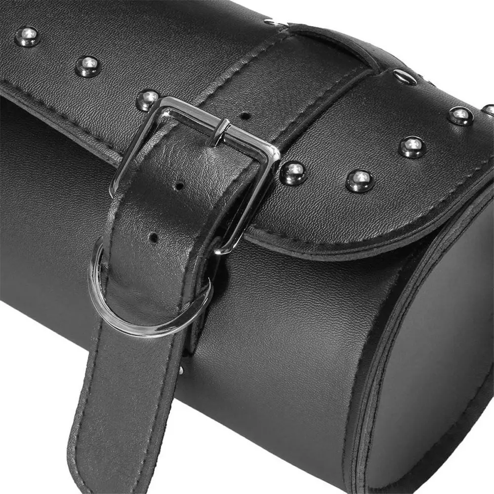 

Black Motorcycle Cruiser Tool Bag PU Leather Fork Barrel Shape Handlebar Front Fork Motorcycle Side Bag