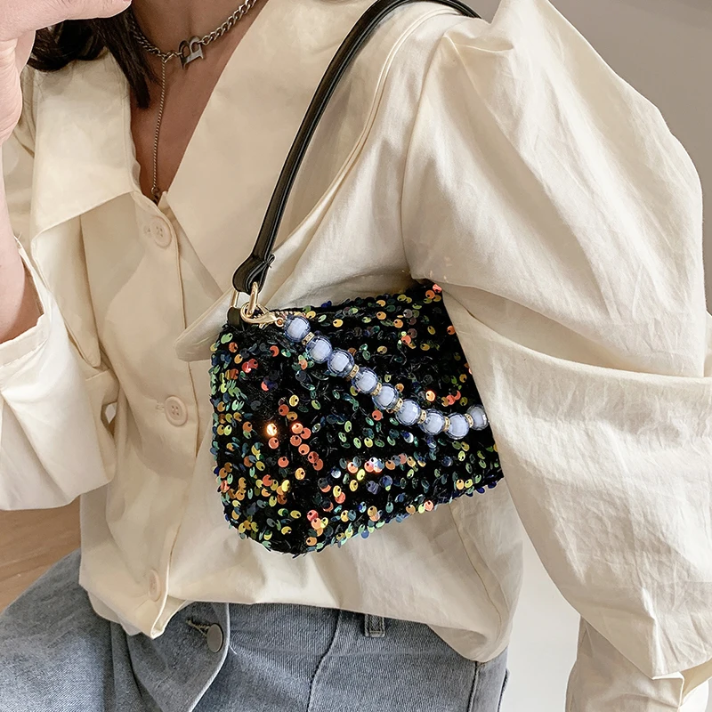 

2021 Pearl Sequins Mini Crossbody Underarm Shoulder Bag for Women Summer Luxury Brand Trendy Female Chain Handbags and Purses