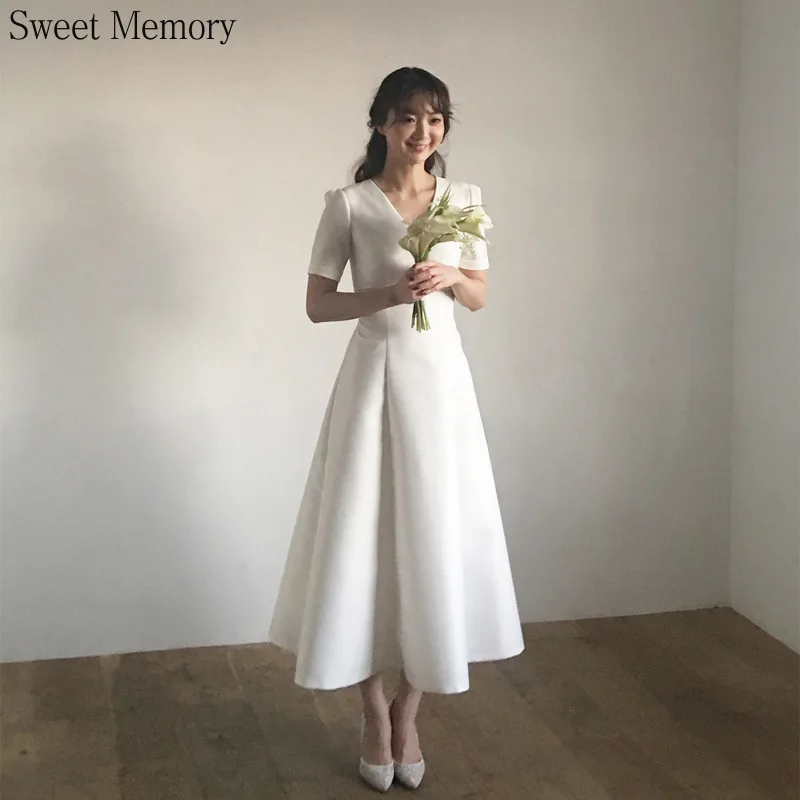 

J109 Bride Dresses Short Sleeve Satin Vintage Wedding Dress Sweet Memory Women White Vestidos V-Neck Prom Robes Graduation Gown
