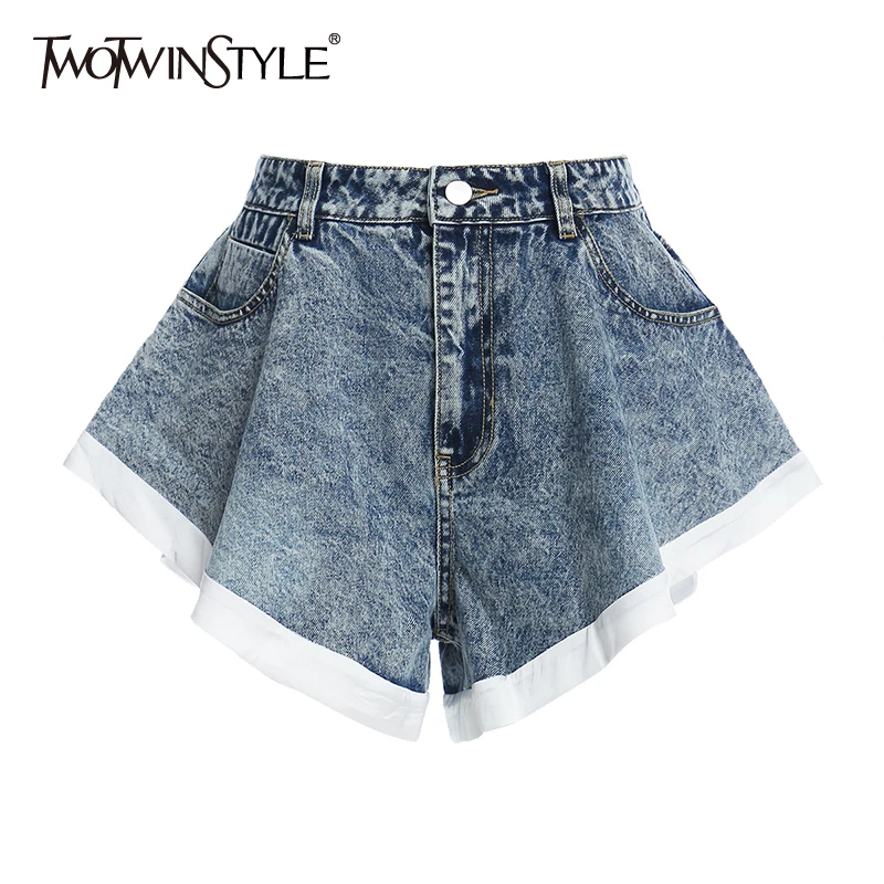 

TWOTWINSTYLE Elegant Women Denim Shorts High Waist Patchwork Hit Color Ruffles Shorts For Female Fashion Clothes 2021 Summer New