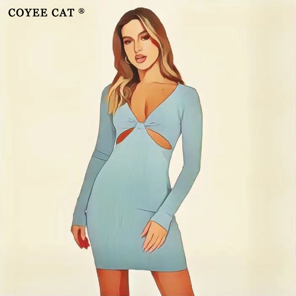 

CoyeeCat Sexy Tight Dress Women Autumn Hollow Out Long Sleeve Mini Dress Skinny Elegant Solid Color Sheath Knitted Pullover