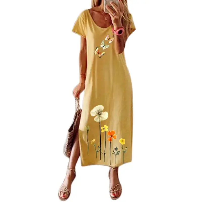 

Womens Plus Size Short Sleeve Casual Loose Maxi Long Dress Bohemian Butterfly Floral Print O-Neck Side Split Beach Sundress S-3