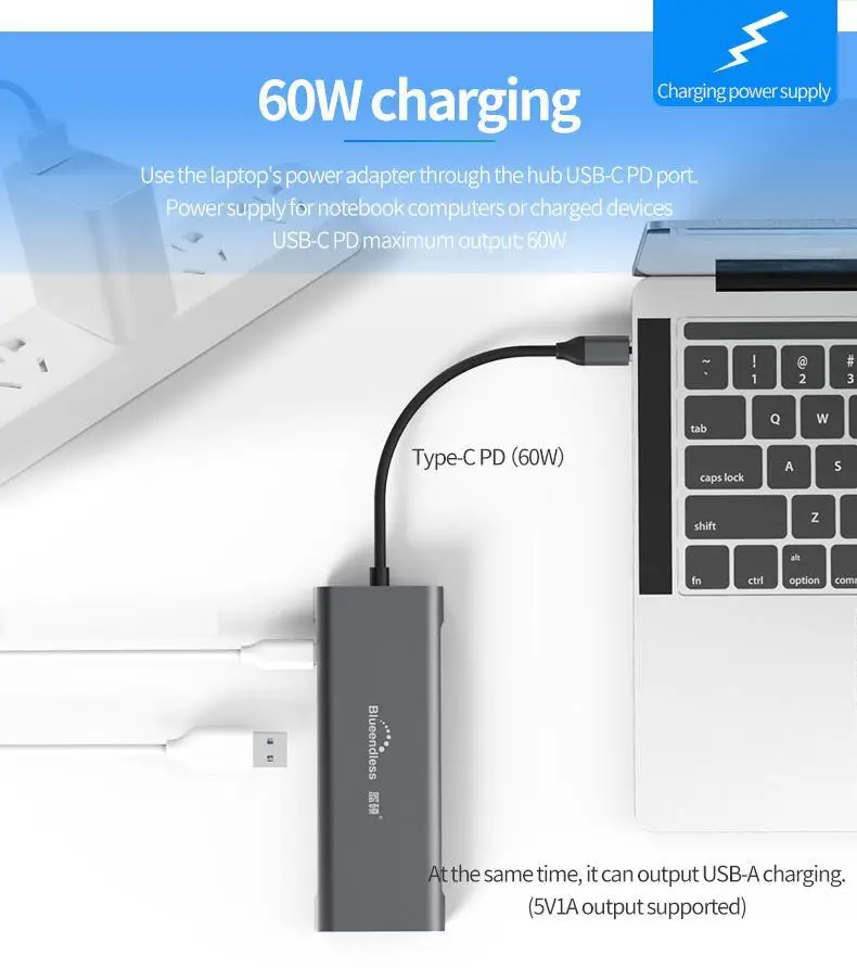 Док-станция 9-в-1 Blueendless с разъемом Type-c для порта HDMI Ethernet и адаптером PD MacBook Pro/Air/Huawei