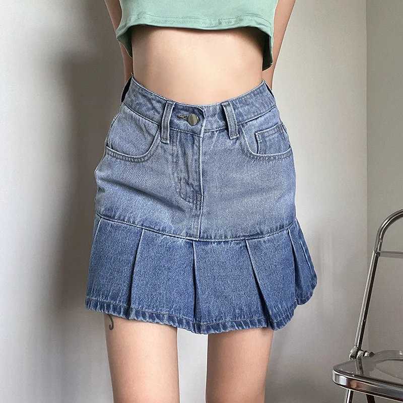 

Women Skirts 2021 New Summer Fashion Pocket Denim Pleated Skirt High Waist Slim Cowgirl Irregular A Line Blue Gradient Hip Skirt
