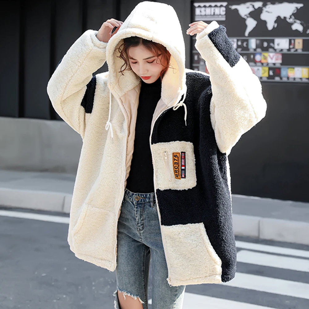 

2021 Autumn Winter New Fashion Womens Jacket Lambswool Thicken Warm Splicing Loose Casual Hooded Long Sleeve Zipper Jacket