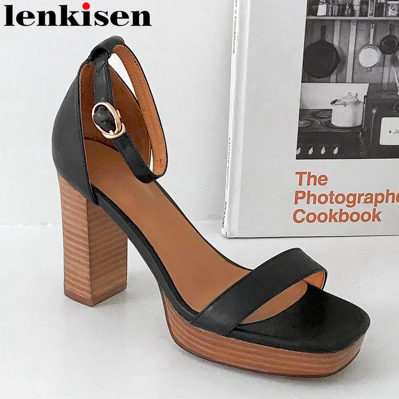 

Lenkisen new simple style high quality handmade waterproof peep toe thick thin heels buckle straps beauty lady sandals women L97