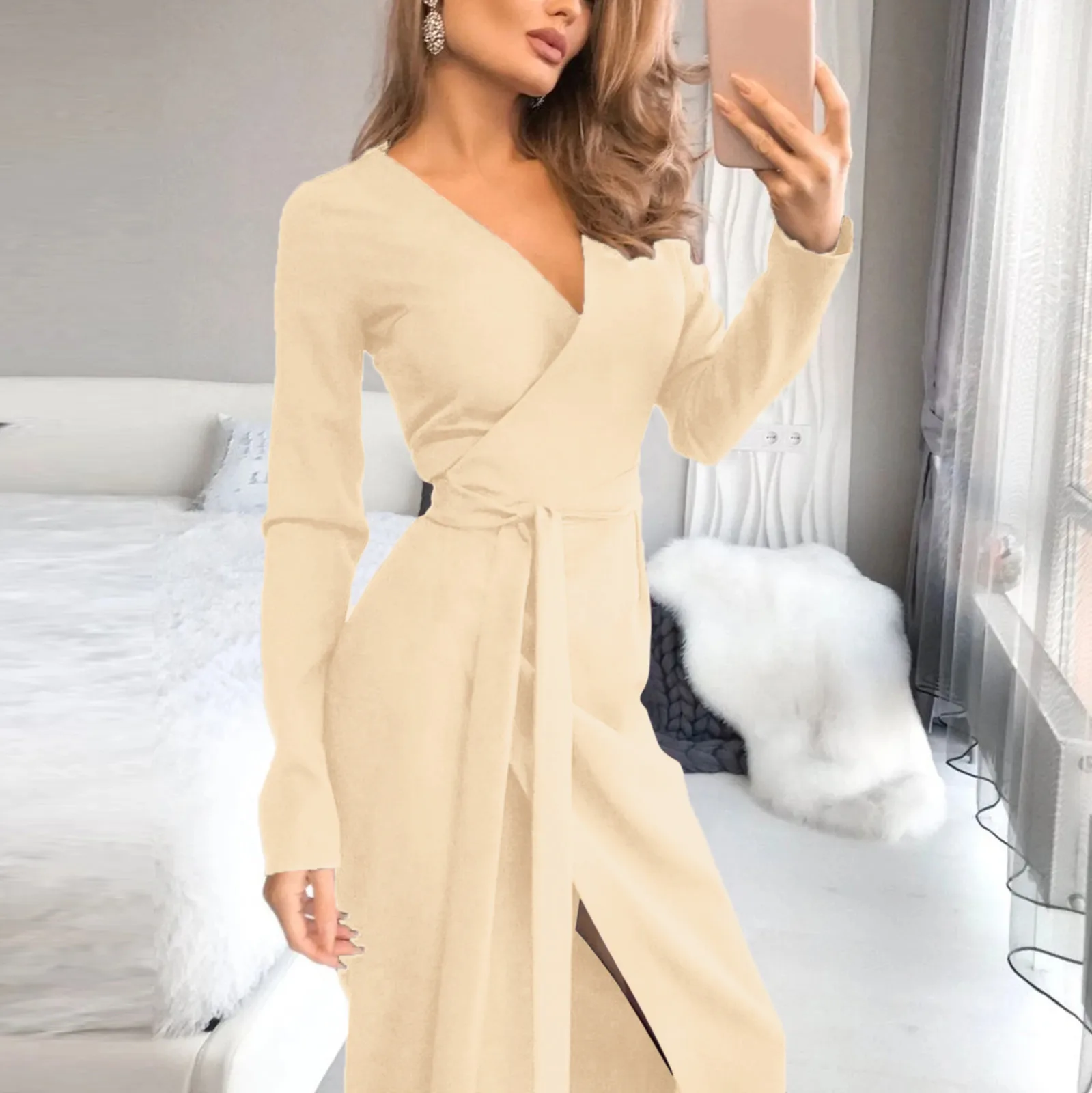 

Женское Повседневное платье с длинным рукавом, однотонное платье с глубоким V-образным вырезом и разрезом, эластичные Асимметричные фиолет...