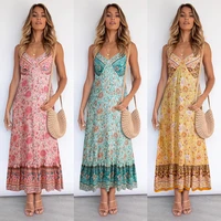 green floral print spaghetti strap bohemian dress for women loose polyster midi beach dresses for holidays 2021 summer clothing