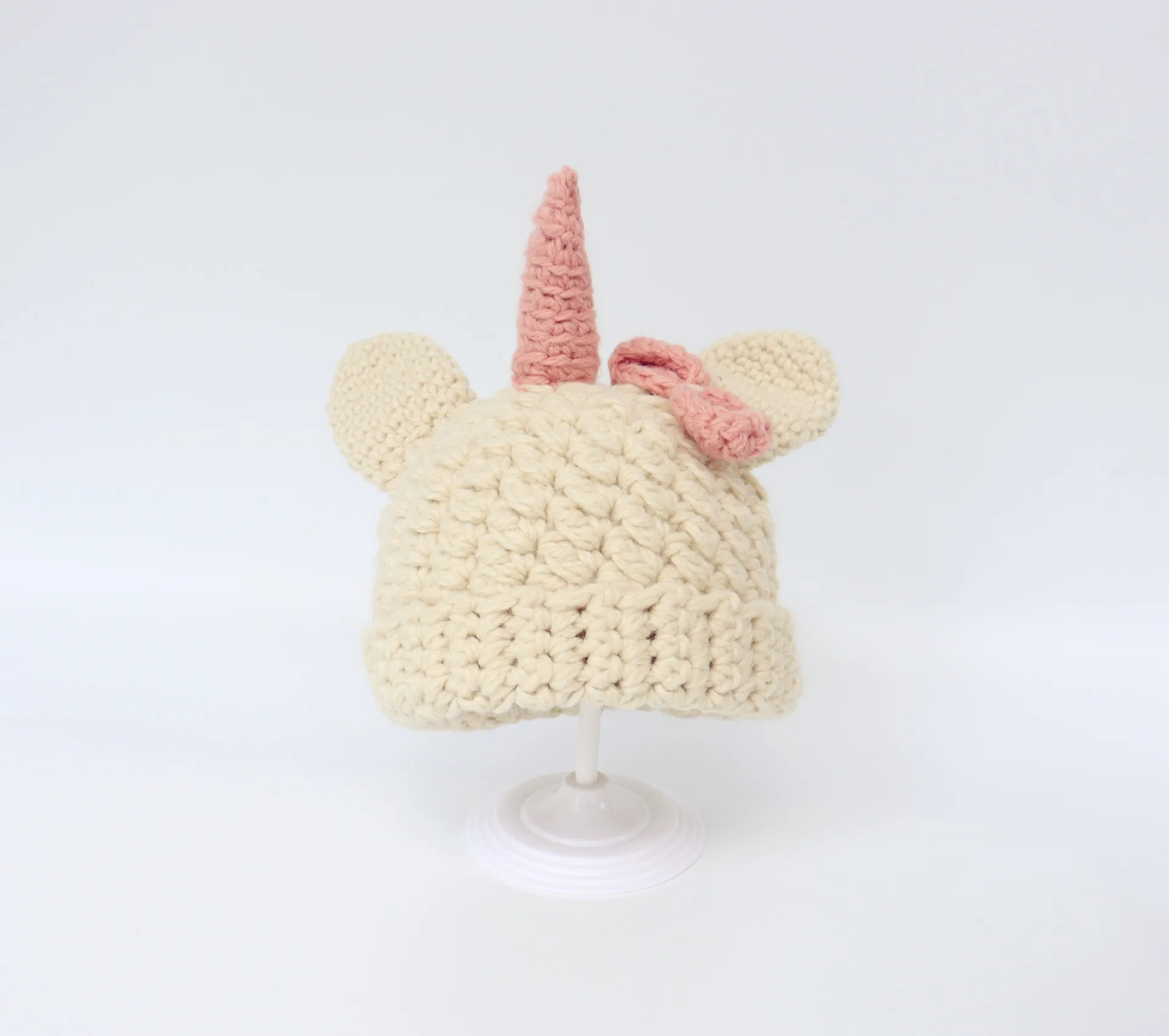 Детская шапка-бини с единорогом теплая вязаная шерстяная шапка бантом