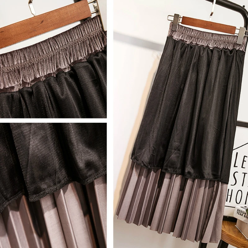 Осенне-зимние длинные плиссированные юбки с эластичной талией из металлического