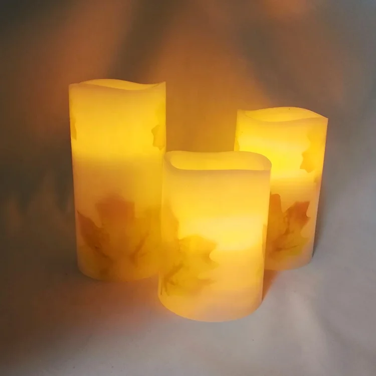 

Fall Season Maple Leaf Design Set Of 3 Automatic Timer Flameless LED Candle Light