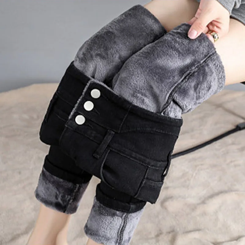 Solid Color Women Winter Warm Jeans 2023 New Elegant High-waist Stretch Trousers Thickening Leisure Slim Female Pants F022
