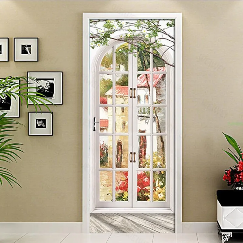 

European Arch Oil Painting Landscape Wall Paper Door Sticker For Living Room Bedroom PVC Self-adhesive Door Mural Creative Decal