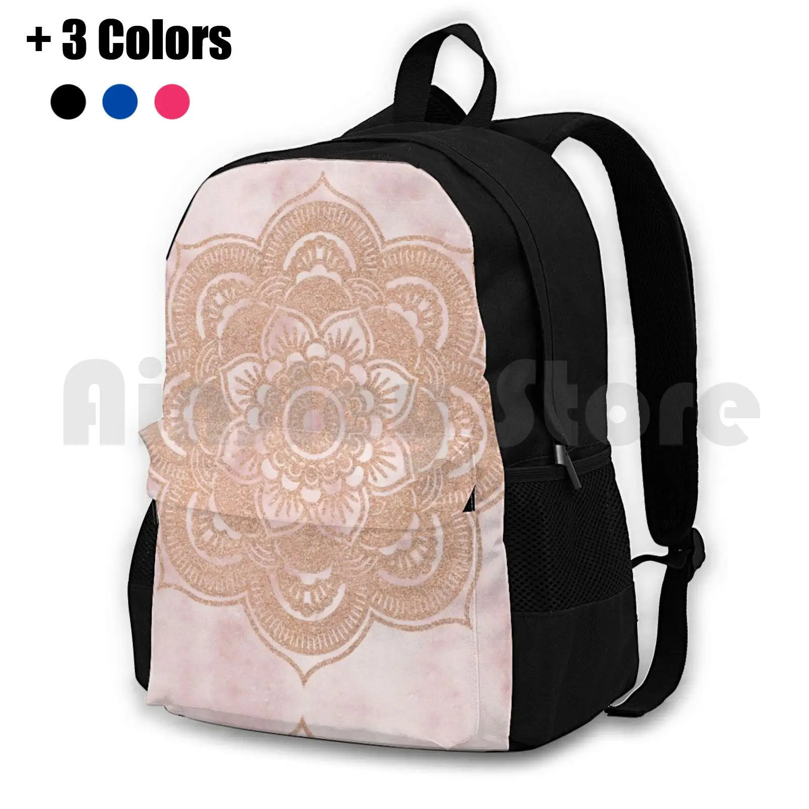 

Rose Gold Mandala-Pink Marble Outdoor Hiking Backpack Riding Climbing Sports Bag Blush Peach Pink And White Pastel Gold Rose