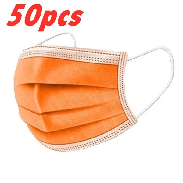 

50pcs Disposable Face Masks 3 Layer Filter Anti Dust Smog Earhook Breathable Gauze Mask Adult Orange Face Mouth Mask