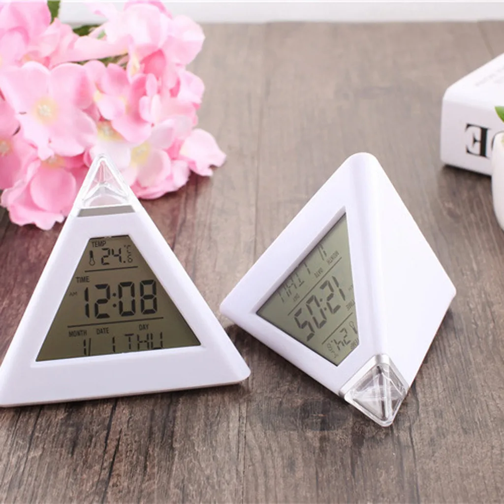 Треугольная пирамида время 7 цветов светодиодный маленький цифровой будильник