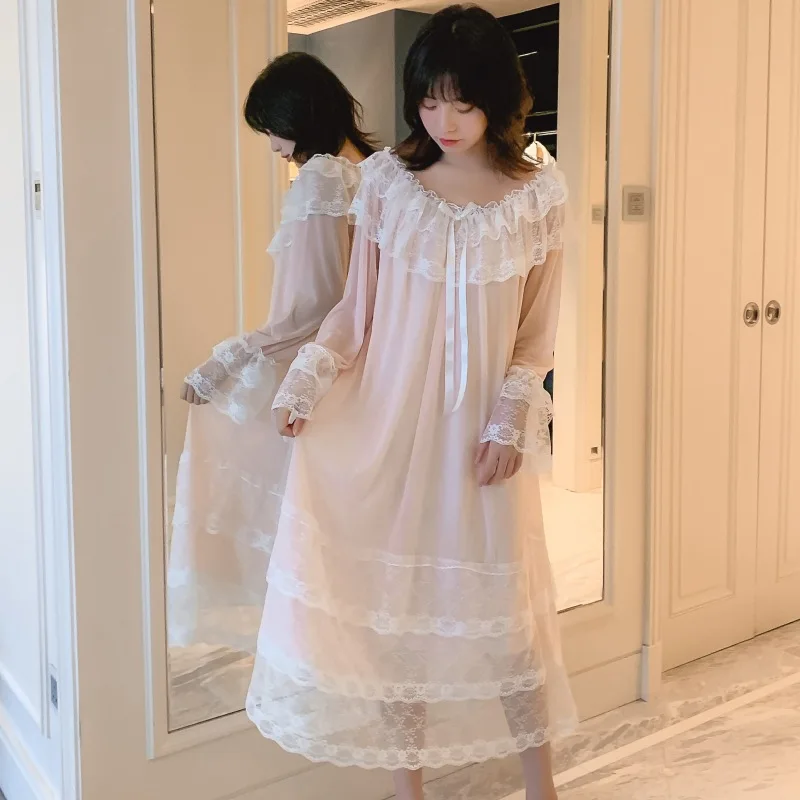Cute sweet beauty Dress spring summer Beautiful palace princess lace nightdress fairy gown Pyjama Homewear plus size | Женская одежда