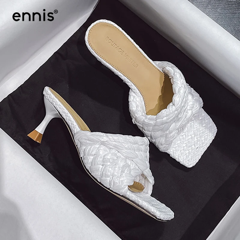 

ENNIS Brand Mules Shoes Women Summer New 2021 Weave Slipper Thin High Heels Sexy Black White Slides Shoes Casual Square Toe M111