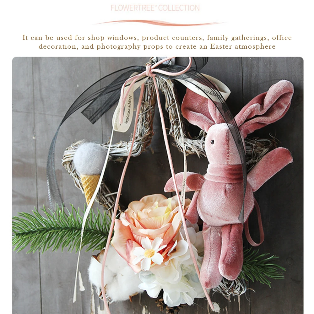 

Artificial Flower Wreath Easter Hanging Wall Ornament Handwork Rattan Bunny Door Wreath Hanging Decoration Photography Props