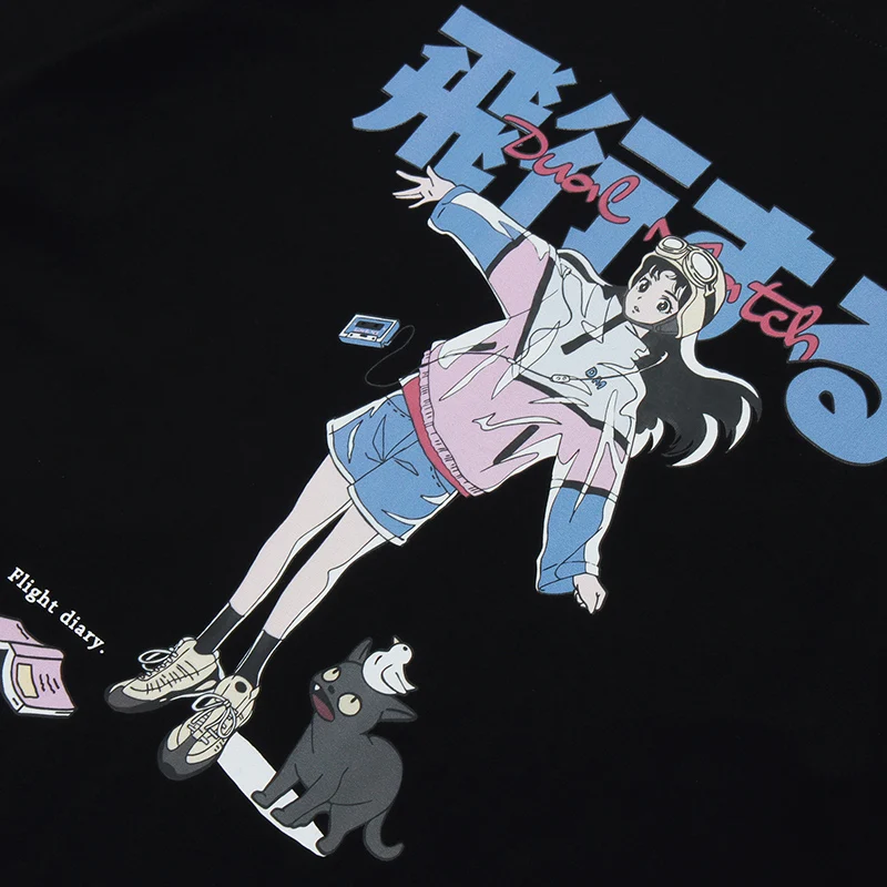 

Summer Men Short Sleeve Tshirts Hip Hop Cartoon Girl Cat Japanese Kanji Print T Shirt 2021 Streetwear Harajuku Cotton Tops Tees