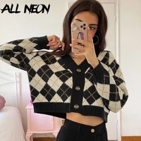 allneon 90s vintage streetwear argyle plaid knitted cardigans y2k aesthetics cute v neck button up long sleeve cropped sweaters