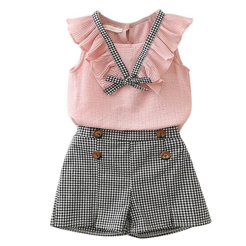 

Summer Infant Baby Girls Chiffon Clothes Sets Ruffles Sleeveless V Neck Solid Vest Tops Plaid Shorts