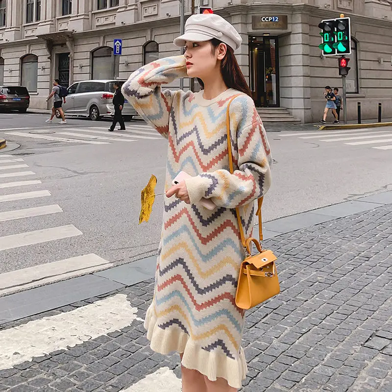 

2020 New Winter Women O-Neck Patchwork Knitted Sweater Ladies Elegant Korean Loose All-match Mid-long Mermaid Dresses O129