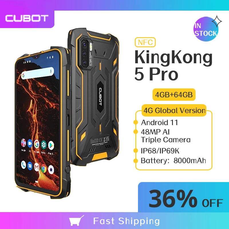 Смартфон Cubot KingKong 5 Pro Android 11 NFC 64 ГБ 4G LTE водонепроницаемый IP68/IP69K 8000 мАч тройная