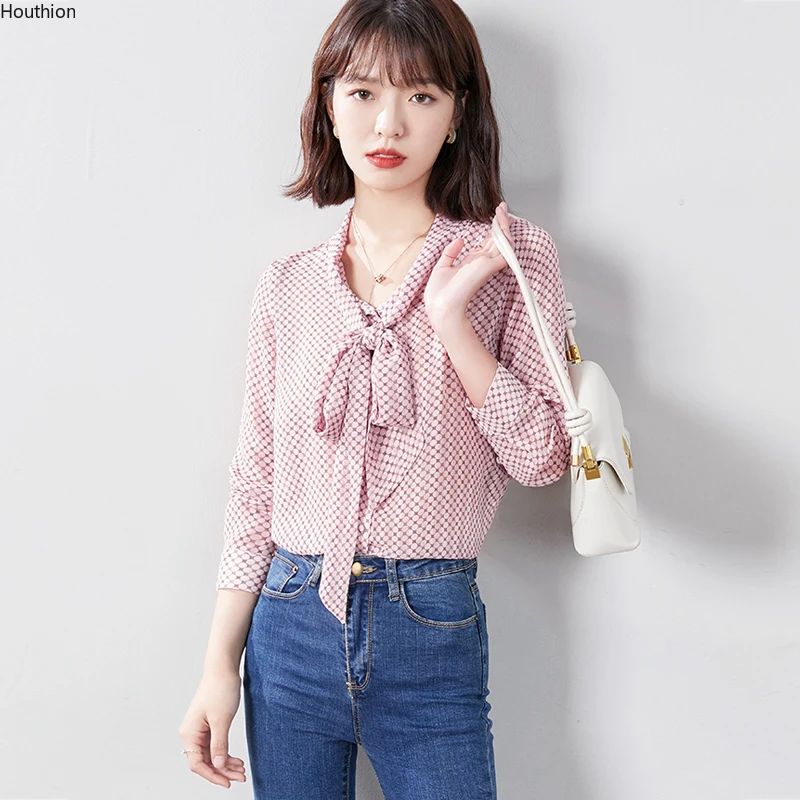 

Шифоновые облегающие Женские блузки, Новая повседневная блузка, Модный Топ с длинным рукавом и бантом, рубашка в горошек с принтом, весна/ос...