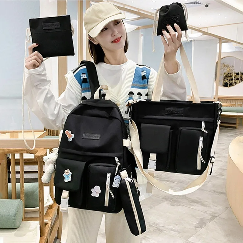 

4 Pcs Set Canvas Women Fashion Teens Student Backpack Mochilas Shoulder-Bags Traval Back Packs Girls Solid Bookbag 2021 Black