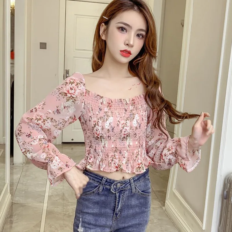 

Women's Floral Print Square Long Sleeves Chiffon Shirts Tops