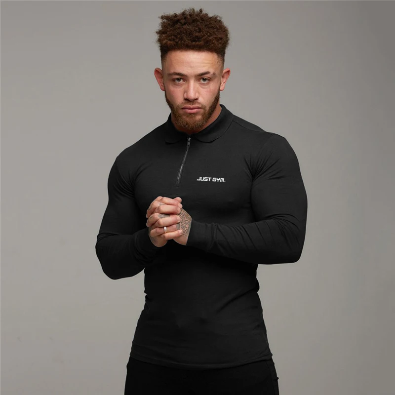 

New Autumn Running T-shirt Men Polo Shirts Cotton Long Sleeve Slim Fit Polos Shirt Casual Fashion Solid Color Gym Clothing