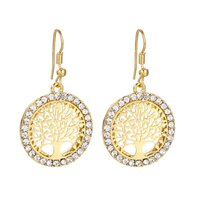 Женские круглые серьги-капельки из розового золота с кристаллами и деревом жизни