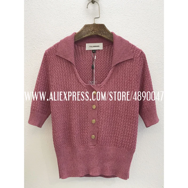

Spring/Summer 2021 high quality Women's Polo Neck Silk Yarn Half Sleeve Sweater Thin Top Slim Short Knit Top New
