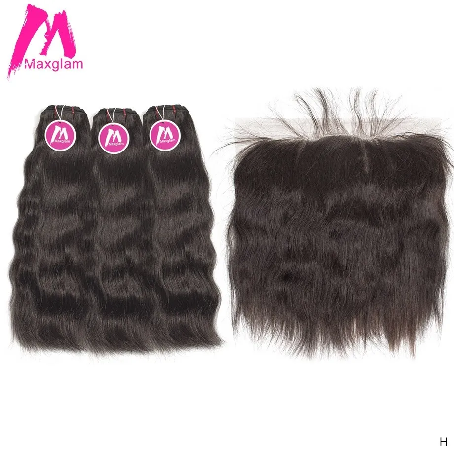 Maxglam Необработанные индийские прямые волосы пряди с фронтальным натуральным