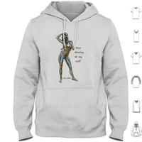 stop staring at my art hoodies long sleeve surreal art whacky whimsical low brow gas mask