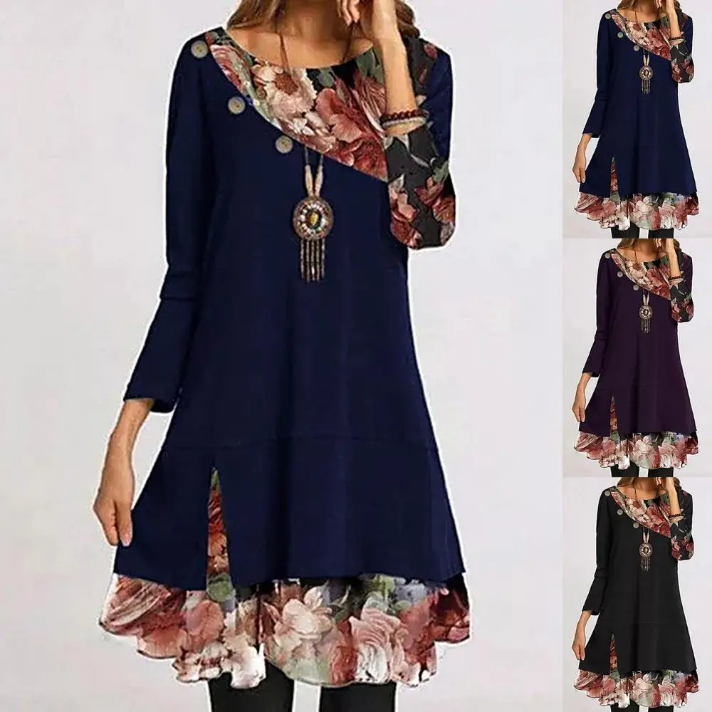 

Женское винтажное платье-мини с круглым вырезом, длинным рукавом и цветочным принтом