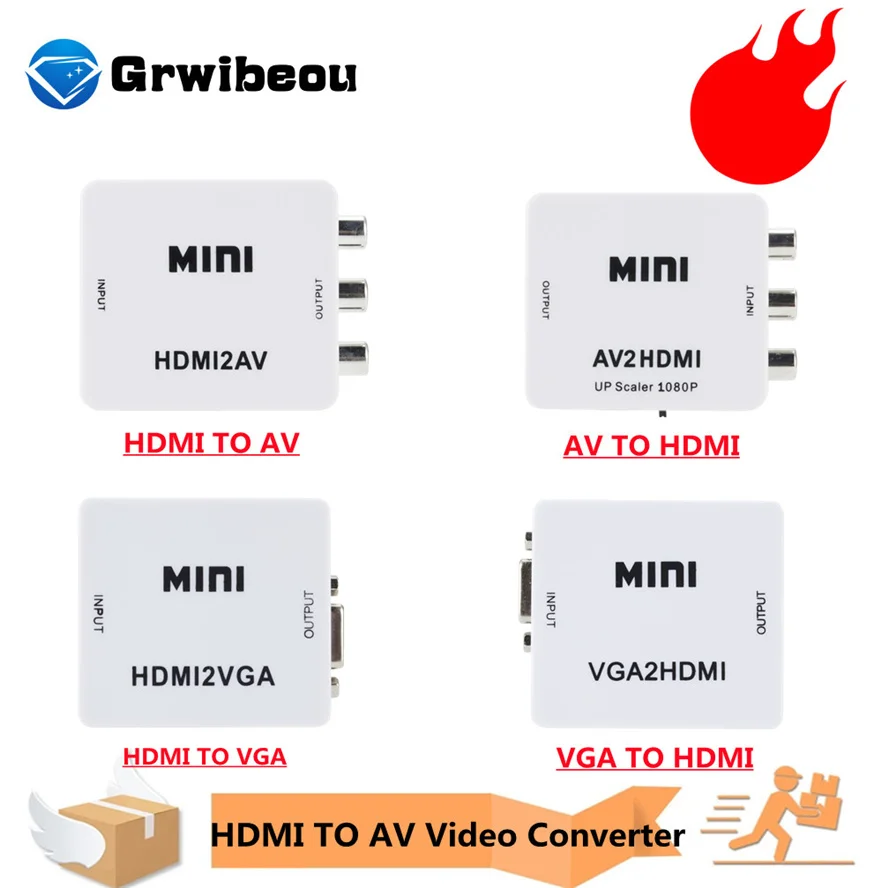 Grwibeou HDMI  to RCA Converter AV/CVSB L/R Video Box HD 1080P  AV2HDMI Support NTSC PAL Output HDMI  TO VGA Video Converter