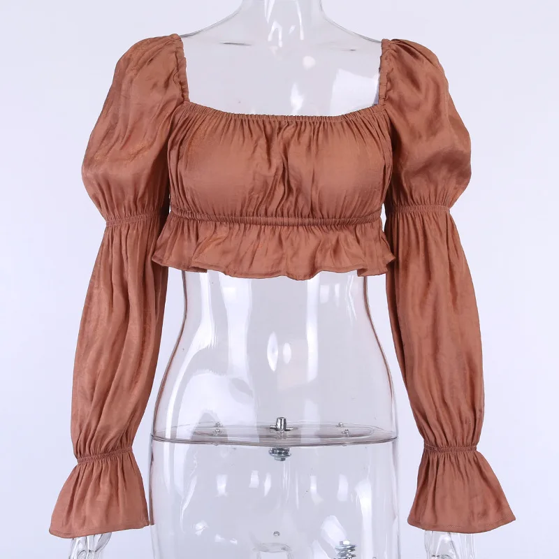 Yuqung женская короткая блузка с длинным Расклешенным рукавом укороченный топ