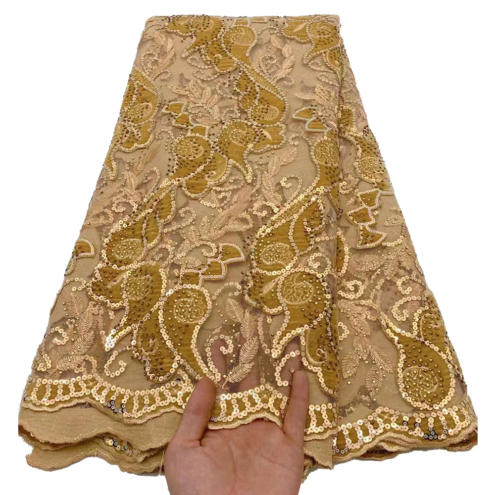 

Gold Embroidery Sequence French Net Mesh Tulle Velvet African Lace Fabric 2021 High Quality With Stones Sequin 5 Yards