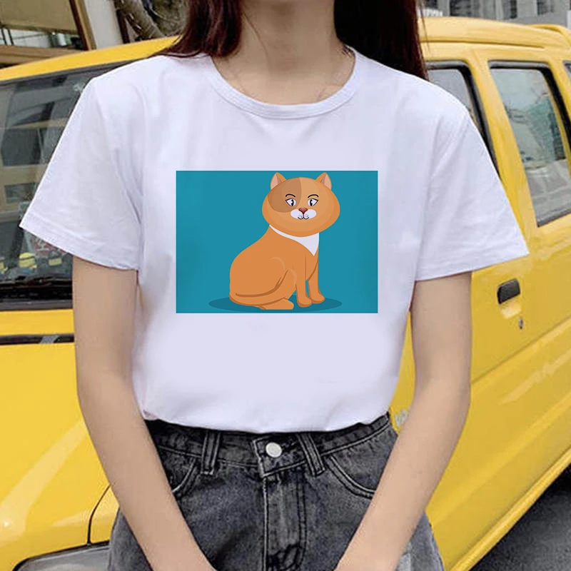 

Women summer Cute Cat printing o-neck t-shirt Vogue kawaii cat T-shirt ladies summer casual T-shirt clothing femme t-shirt