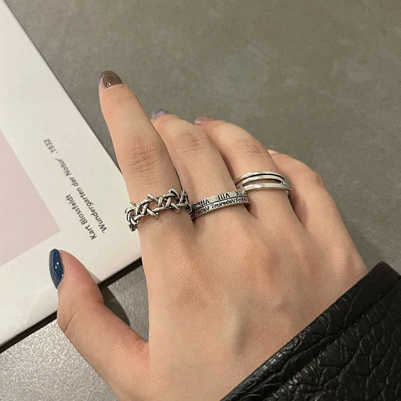 

3 Pieces/set Metal Silver Ring Braided Round Opening Adjustable Retro Trend Vintage Retro Style Women Finger Joint Jewelry