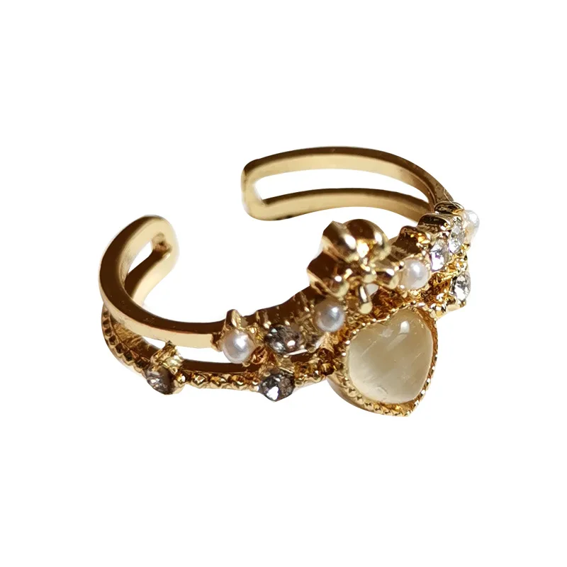 

Gold Simple Heart Pearl Rhinestones Opal Ring Temperament Hollow Double Layer for Women Fashion Design Adjustable Ring Jewelry
