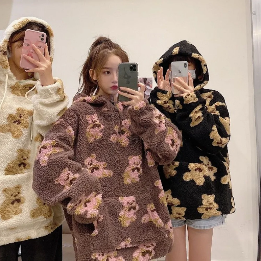 

College Wind Small Woolen Cute Cartoon Lady Hoodie Loose Plus Velvet Kawaii Sweatshirt Women's Blouse Super Dalian Pullovers